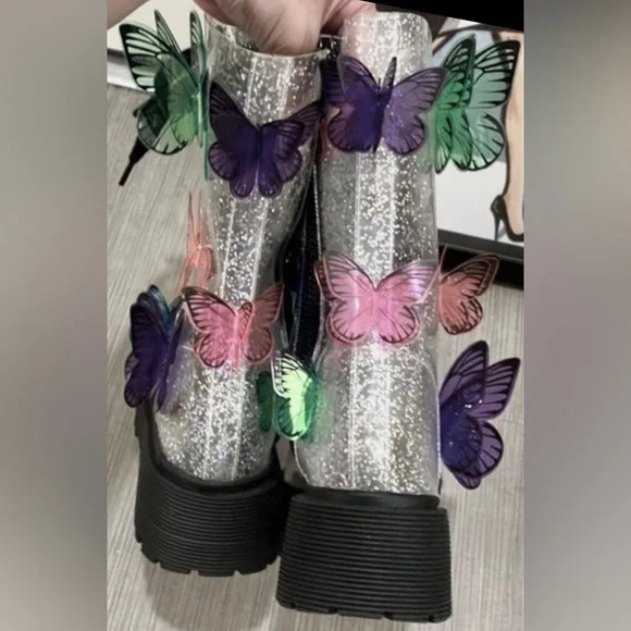 Dolls Kill Club EXX 3D butterfly Terrarium combat boots silver glitter size 5 - Picture 9 of 12